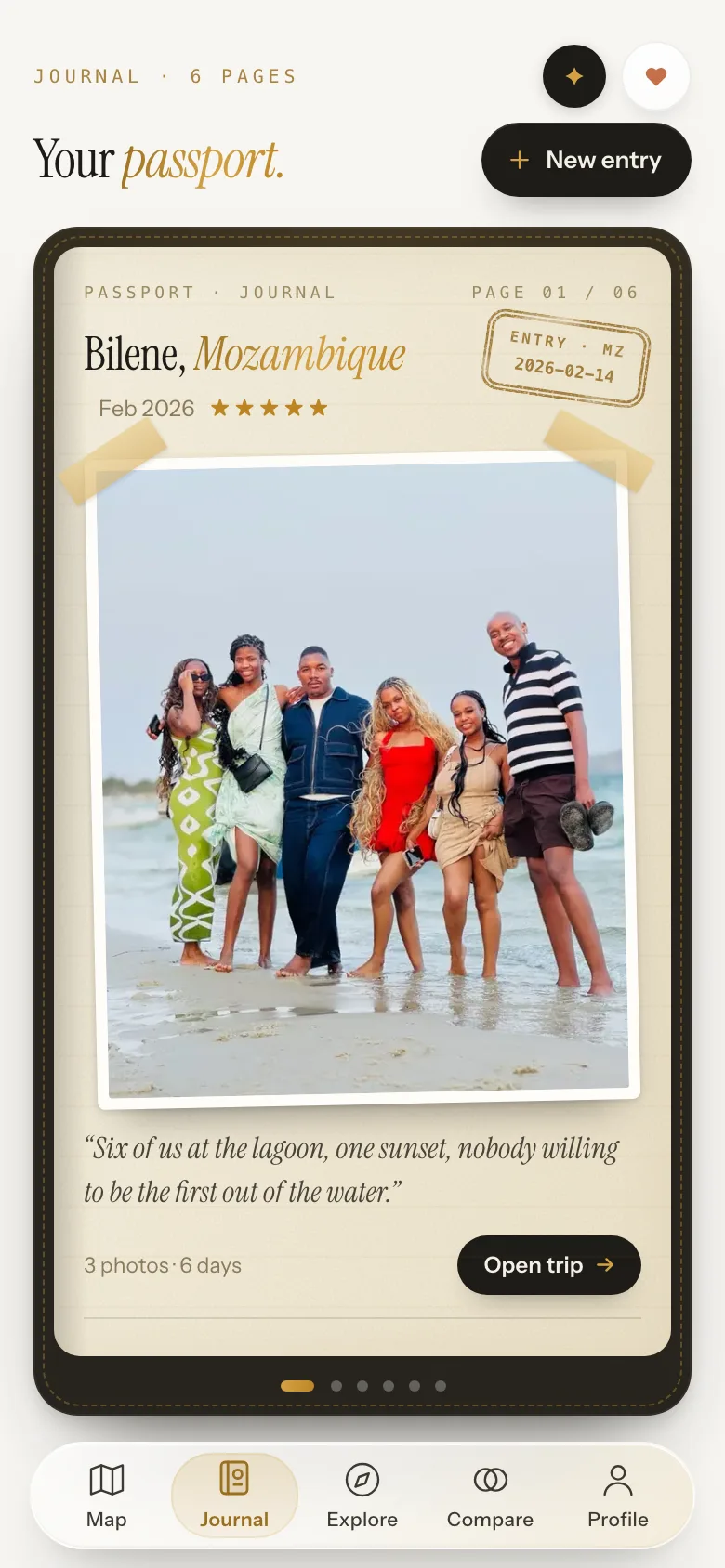 A Yamo journal page for Bilene, Mozambique, with a group photo taped in
