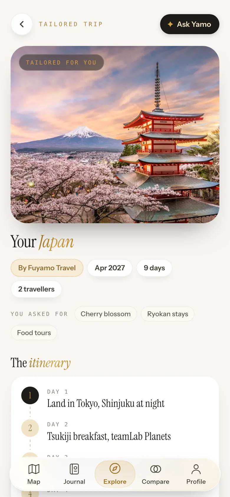 A tailored proposal in Yamo: Your Japan, built by Fuyamo Travel, with the itinerary day by day