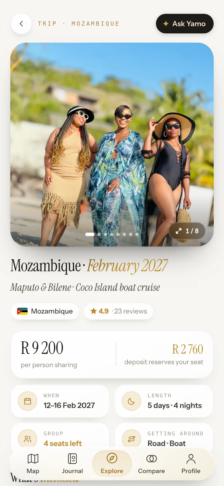 A Yamo trip page: Mozambique, February 2027, with photos, price and dates